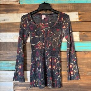 Sweet Pea by Stacy Frati Vintage Y2K Mesh Floral Long Sleeve Top Boho | Size M